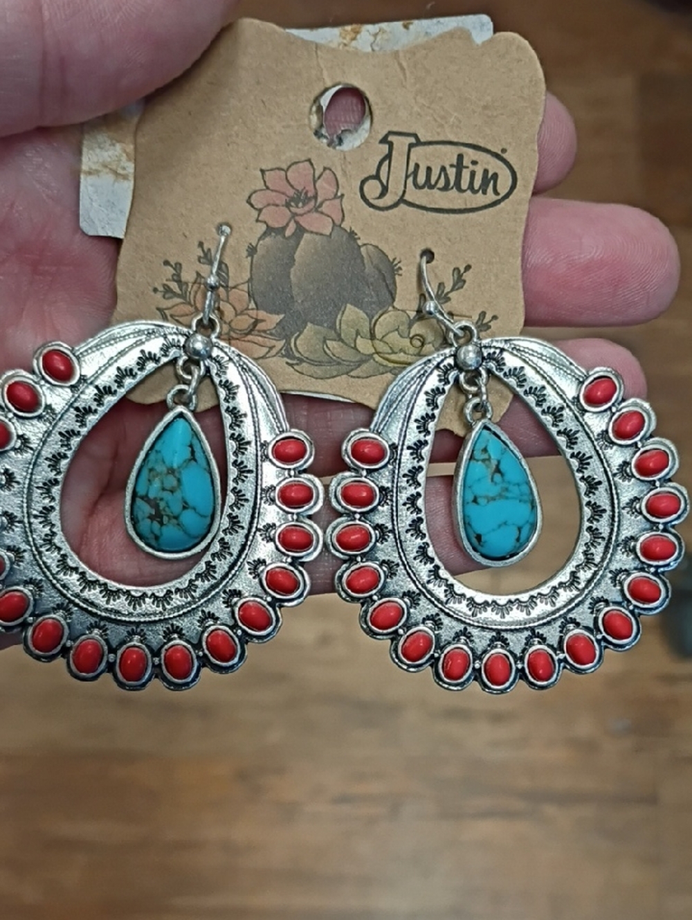 Justin Boots Turquoise Teardrop Earrings with Red Accent Stones